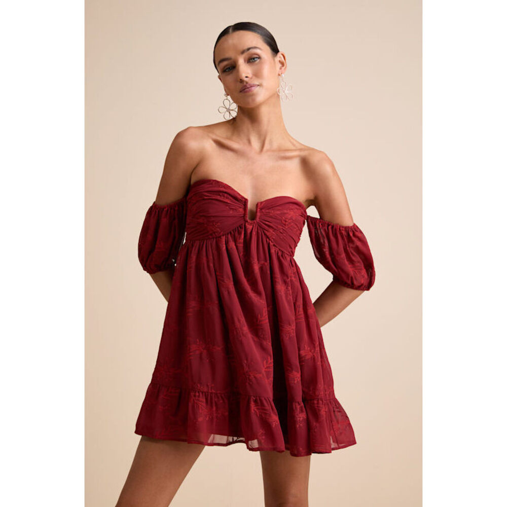 Lulus Cutest Icon Rust Red Embroidered Off-the-shoulder Mini Dress - Size S